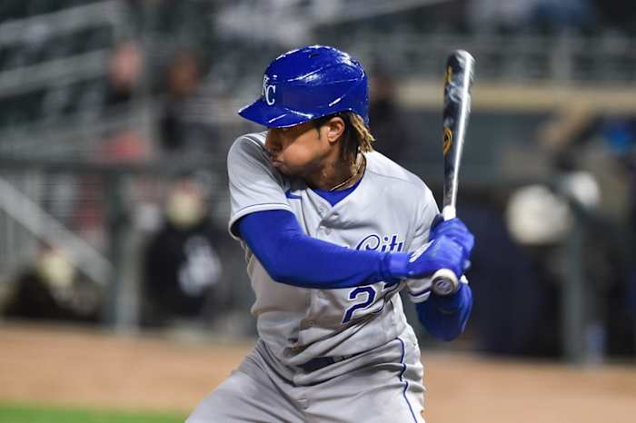 May 28, 2021; Minneapolis, Minnesota, USA; Kansas City Royals shortstop Adalberto Mondesi (27) in action during the ninth inning against the Minnesota Twins at Target Field. Mandatory Credit: Jeffrey Becker-USA TODAY Sports
